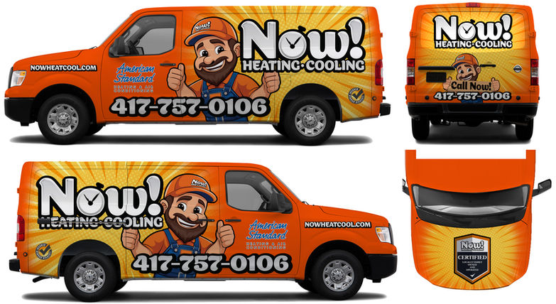 Orange Now! Heating & Cooling van wrap with contact number and logo