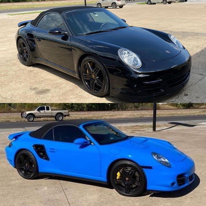 Before and after Porsche wrap one black, one bright blue.