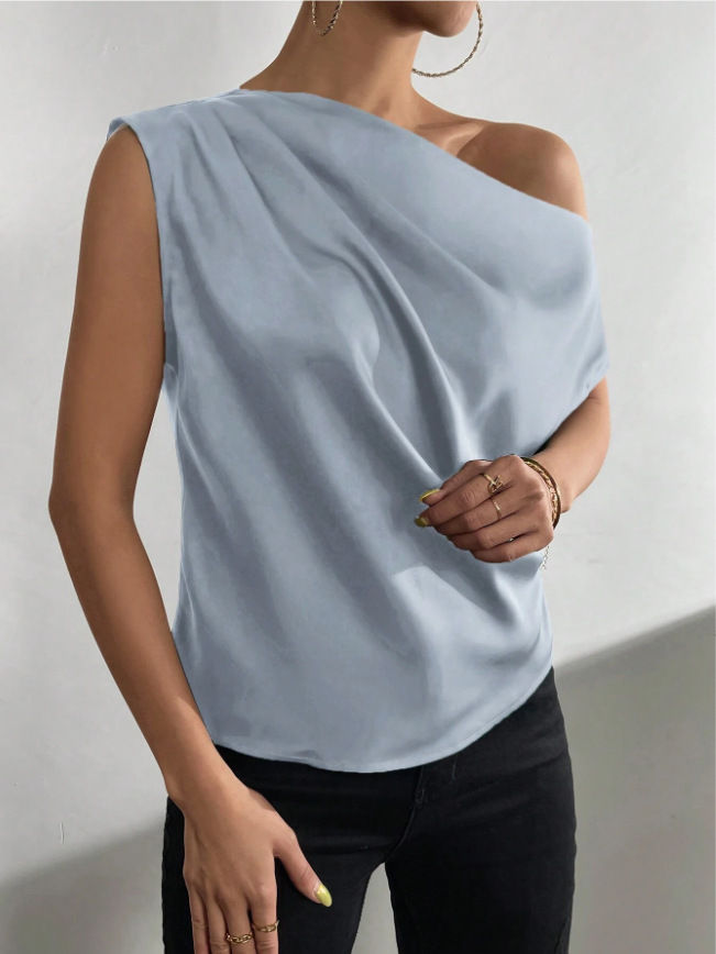 Miniatura: 2026 Spring Solid Color Satin Imitation Silk Irregular Off-Shoulder One-Neck Pul