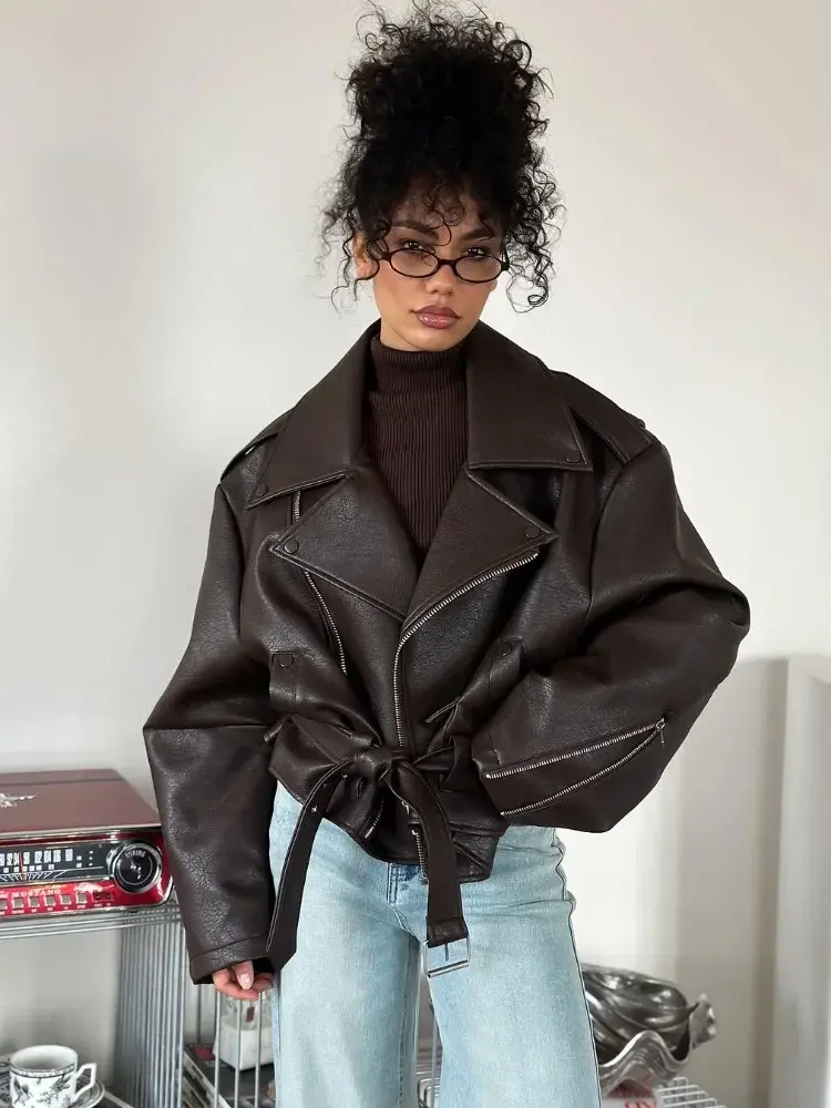 Miniatura: Women Brown Pu Leather Motorcycle Jacket 2025 Chic Lapel Loose Coats For Autumn 