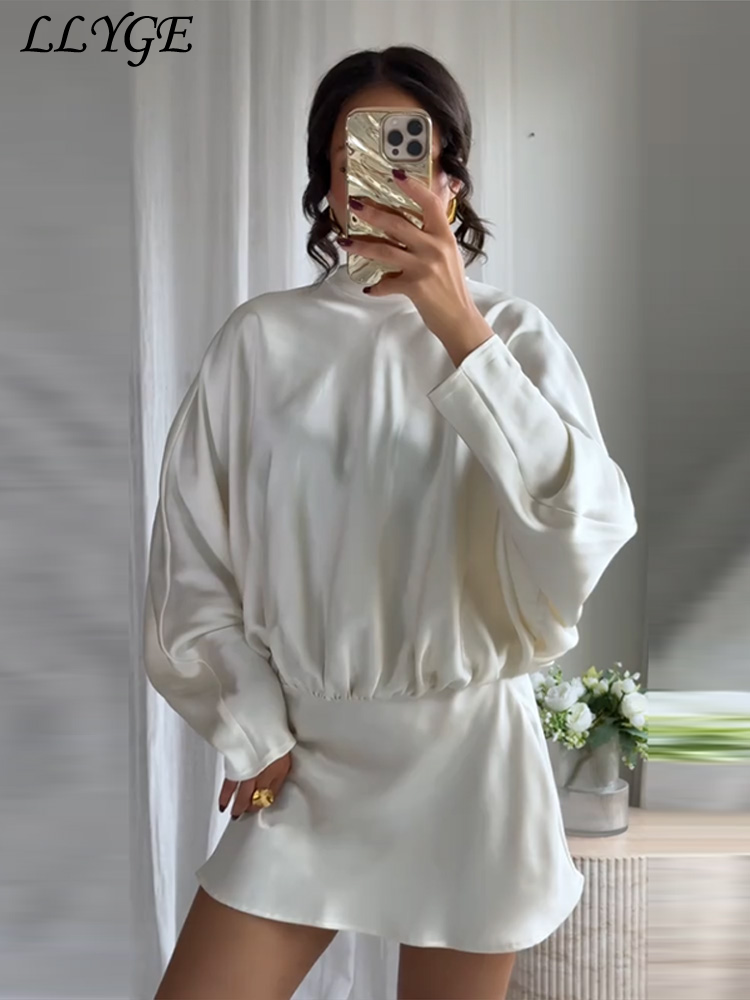 Miniatura: Elegant Lace Up Satin Short Dress Women Pleated Half High Collar Long Sleeve Fem