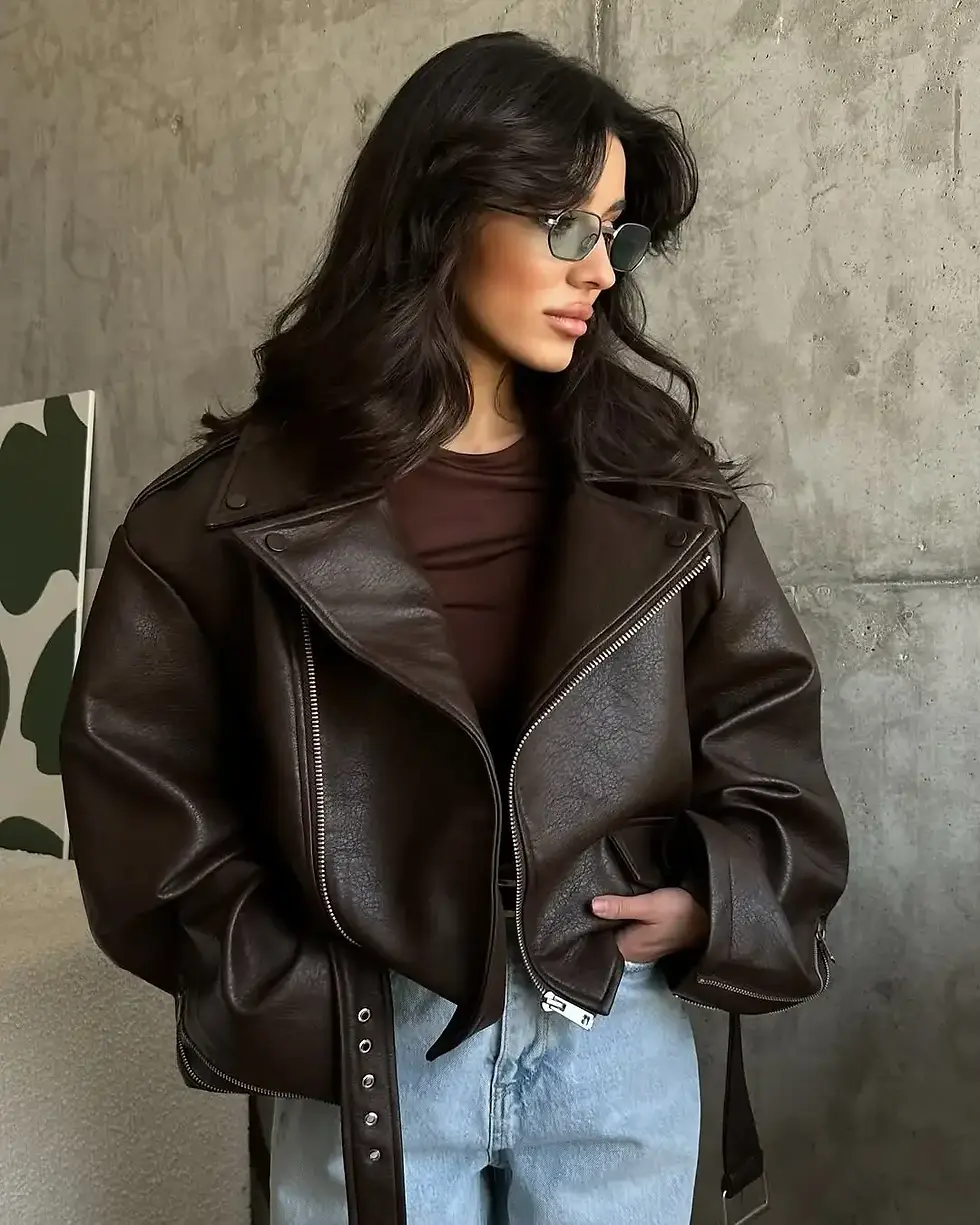 Miniatura: Women Brown Pu Leather Motorcycle Jacket 2025 Chic Lapel Loose Coats For Autumn 