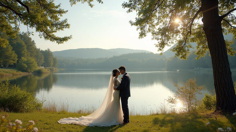 Wide angle view of a serene lakeside wedding setup
