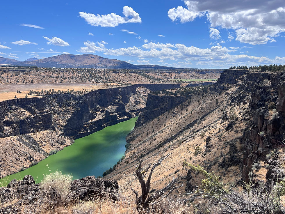 A view from the Tam-A-Lau plateau looking down into a deep canyon. A bright green river winds through the canyon floor, with steep, sharp cliffs rising on the opposite side.