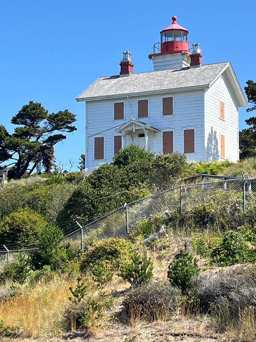 A photo of the Old Yaquina Bay Lighthouse, a small white house with a light colored roof and a large lantern on top. It is situated on a grassy hill overlooking the ocean.