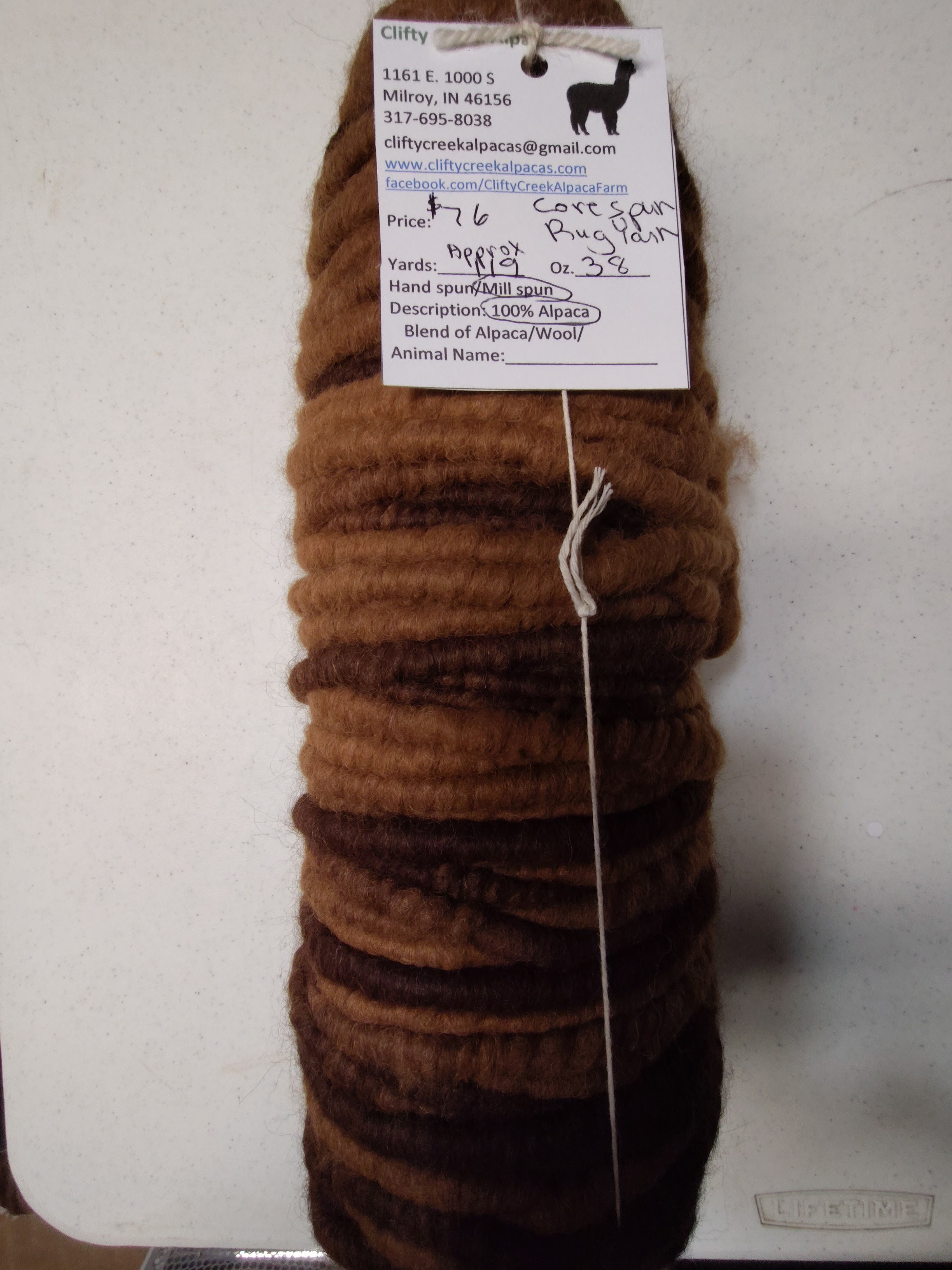 Core Spun Alpaca Rug Yarn/Approx. 119yds/38 oz.
