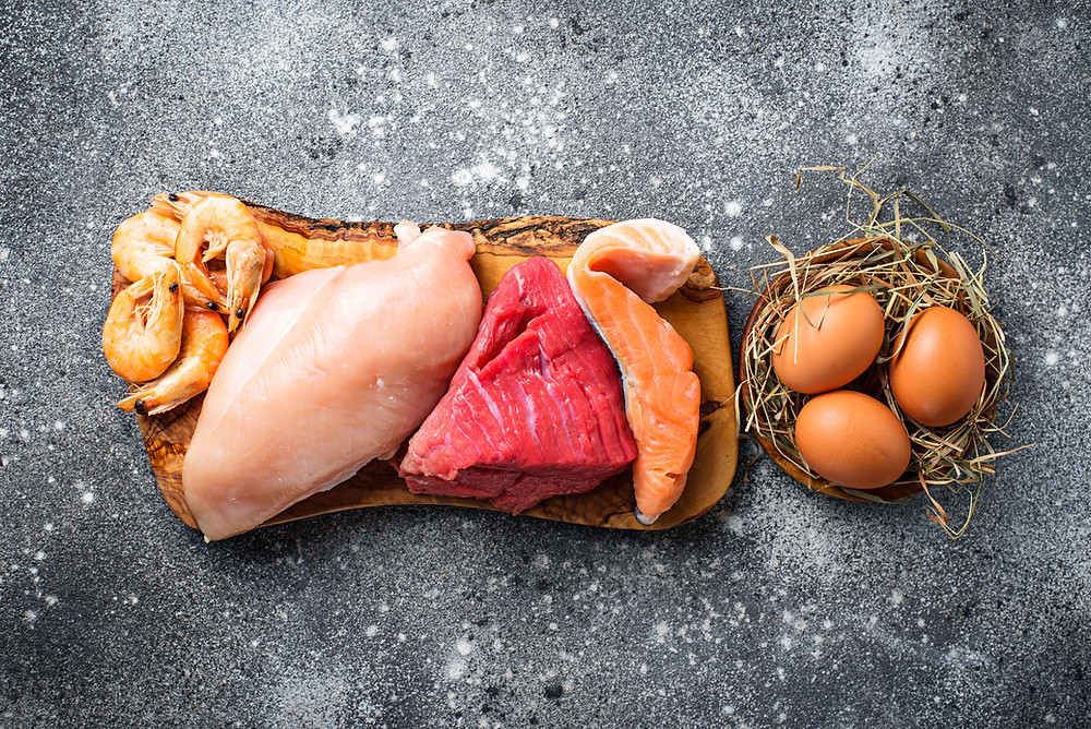 Prawns, chicken, beef, fish and eggs.