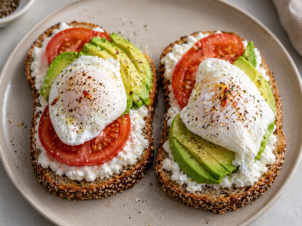 High protein seeded toast with cottage cheese and poached eggs