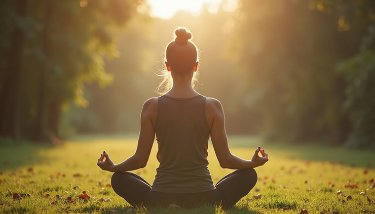 Eye-level view of a person sitting cross-legged outdoors, practicing circular breathwork with calm surroundings