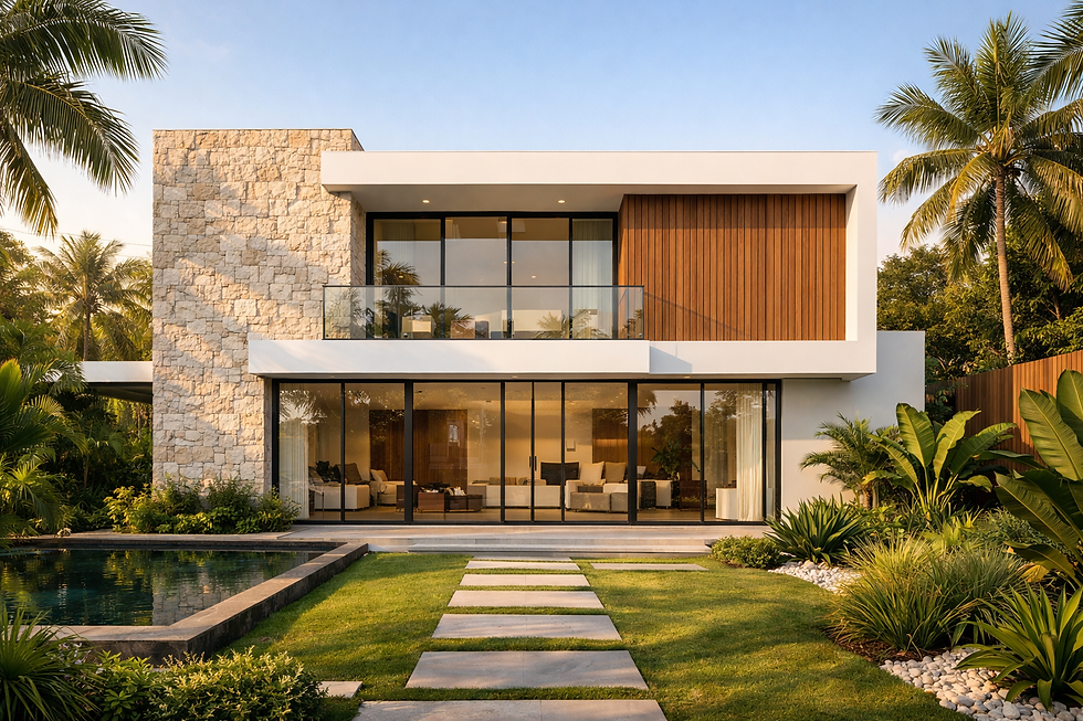 Minimalist tropical house at sunset
