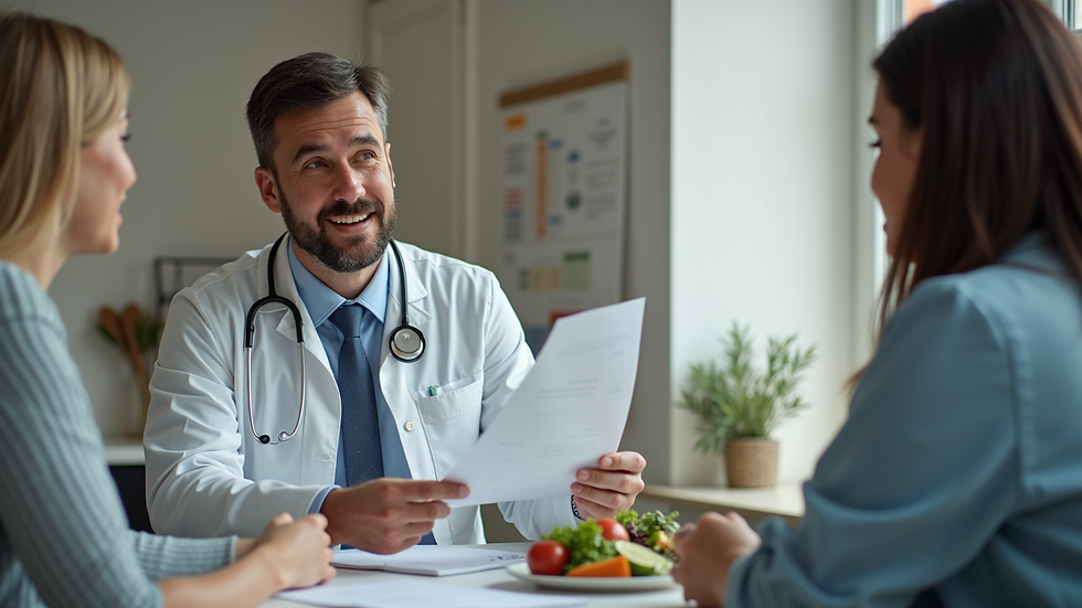 Eye-level view of a nutritionist explaining dietary plan to a patient