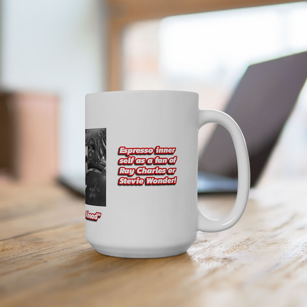 Thumbnail: Stevie Wonder and Ray Charles White Cermaic Art Mug ("Blind Curve Ahead")