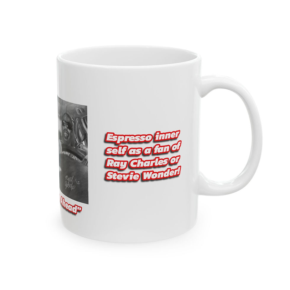 Thumbnail: Stevie Wonder and Ray Charles White Cermaic Art Mug ("Blind Curve Ahead")