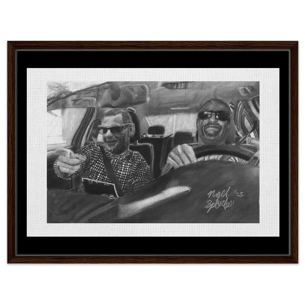 Thumbnail: Stevie Wonder and Ray Charles Framed Canvas Drawing Print ("Blind Curve Ahead")