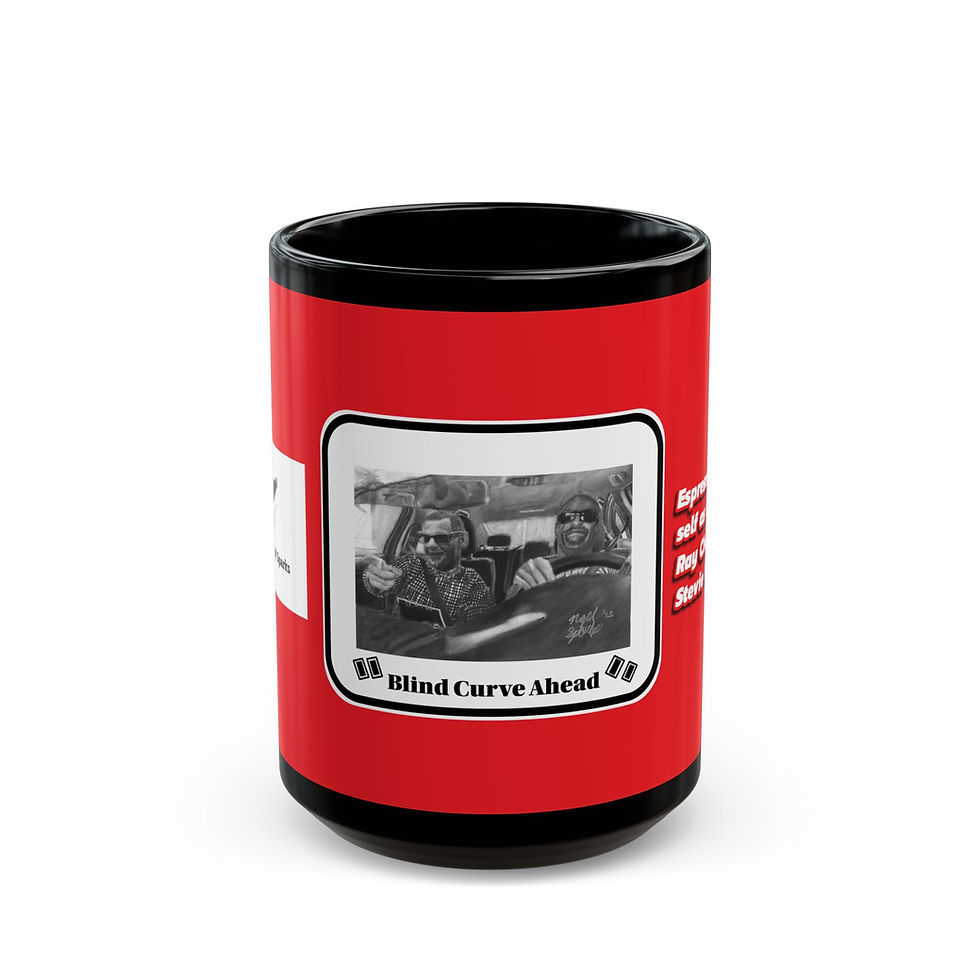 Thumbnail: Stevie Wonder and Ray Charles Black Ceramic Art Mug ("Blind Curve Ahead")