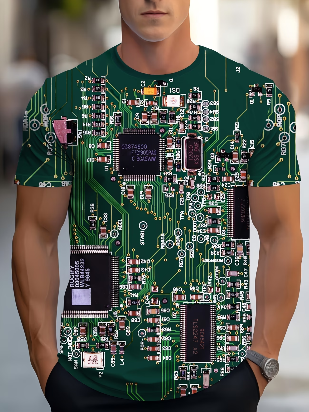 Esta camiseta masculina de manga curta chama a atenção por sua estampa arrojad
