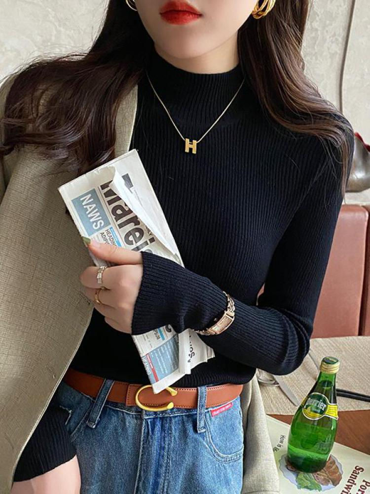 Miniatura: Suéter feminino de gola alta para outono/inverno, estilo vintage, básico, liso