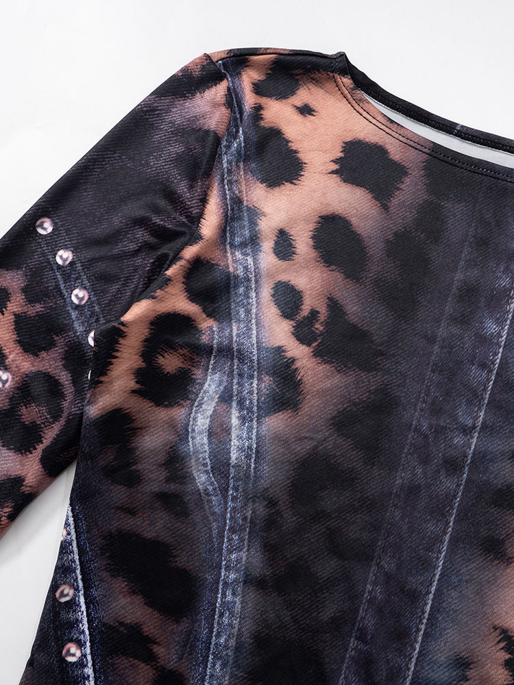 Miniatura: Vestido feminino Nibber com estampa de leopardo, detalhes em degradê, mangas co