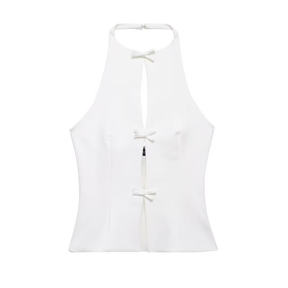 Miniatura: Colete feminino retrô HH 2024 com laço, elegante, liso, gola redonda, sem mang