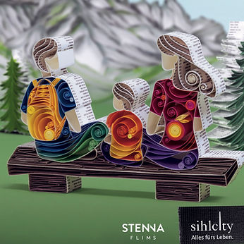 Colorful paper art illustration titled “Family Vacation in the Mountains,” created for Sihlcity Shopping Center in Switzerland, featuring a family enjoying a mountain holiday.