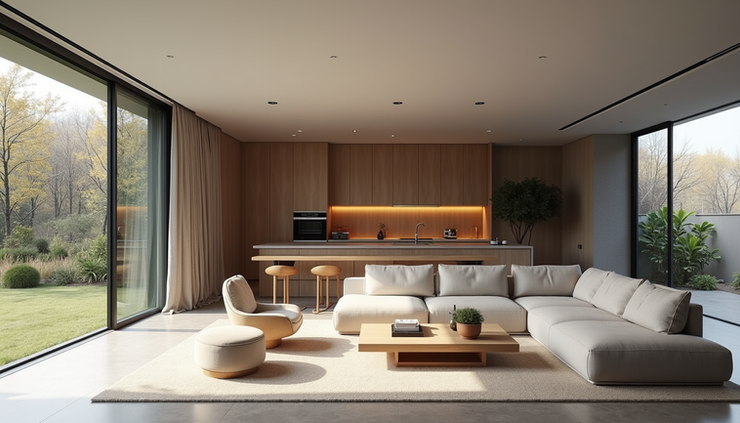 Eye-level view of a modern open-plan living room with integrated kitchen and architectural features