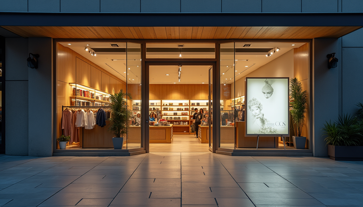 Eye-level view of a retail store entrance with inviting lighting and clear signage