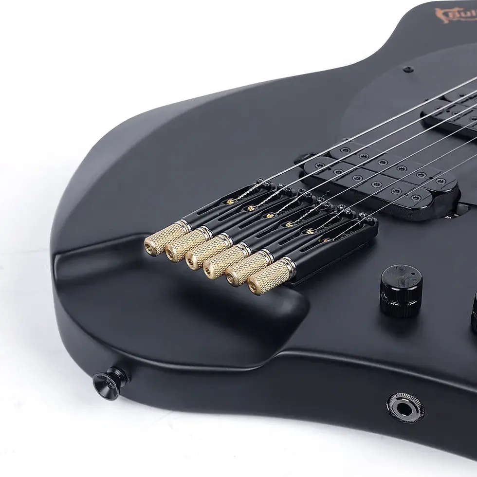 Thumbnail: Close-up of a split fixed bridge system with knurled gold tuners on a matte black headless guitar body.