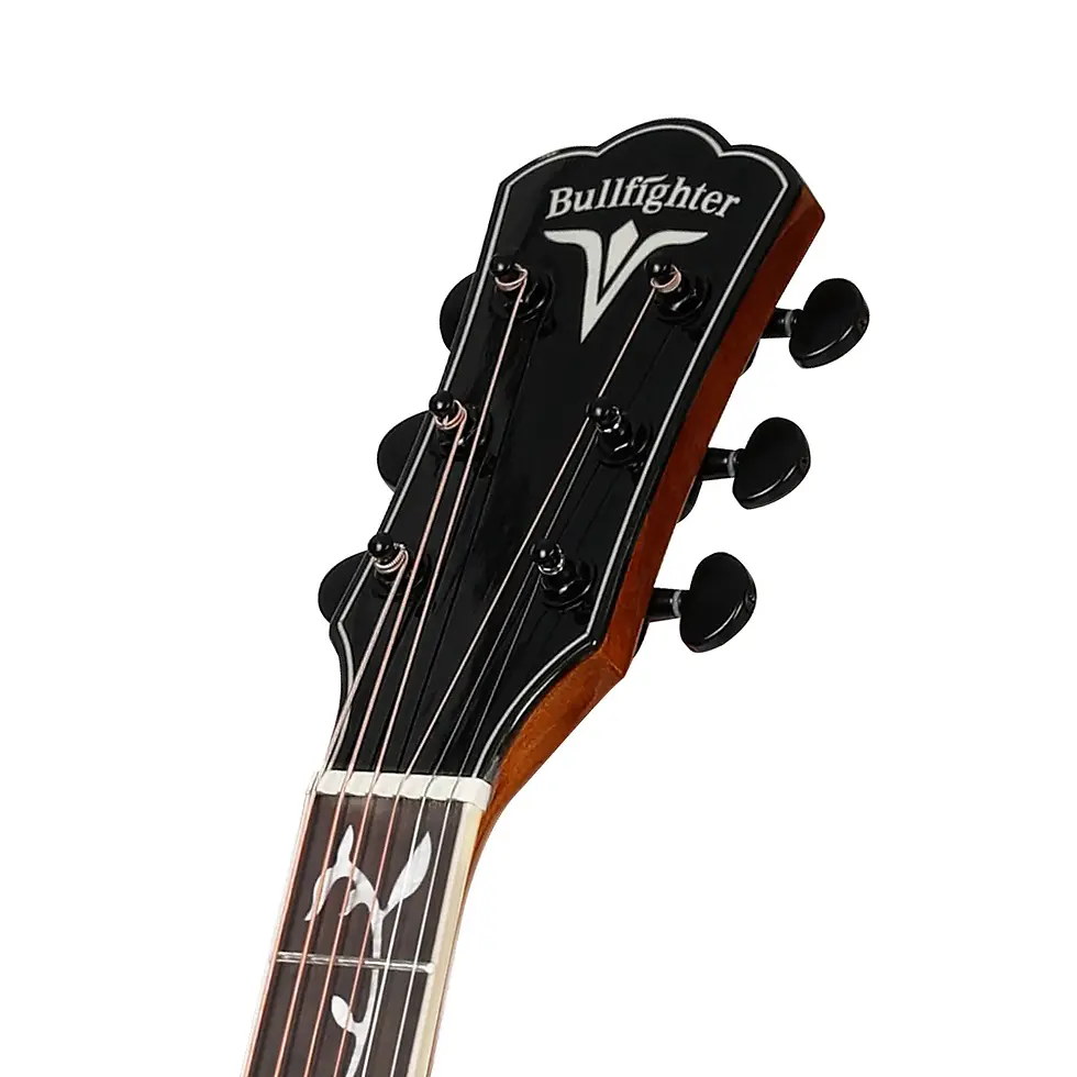 Thumbnail: Close-up of the black guitar headstock displaying the white Bullfighter logo and black tuning keys.