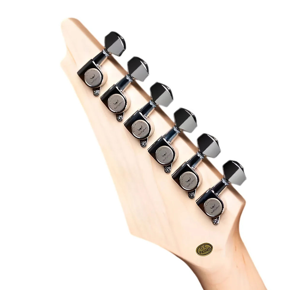 Thumbnail: Rear view of Bullfighter D-170 natural maple headstock featuring chrome die-cast enclosed tuning pegs.
