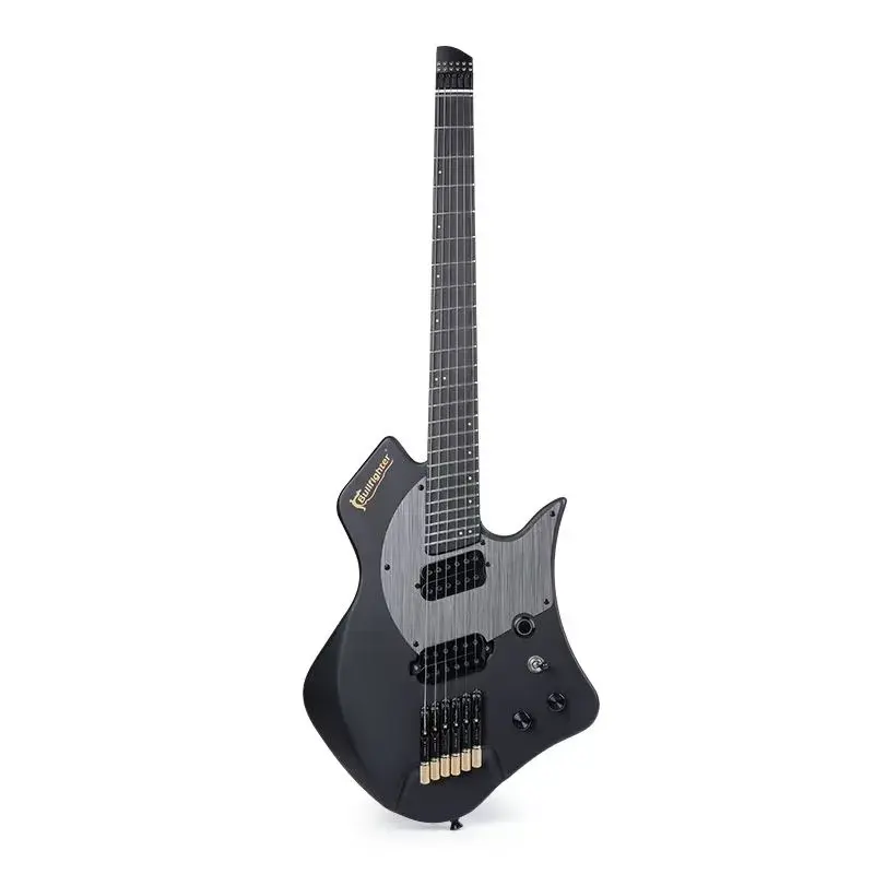 Headless multiscale electric guitar in matte black with a fanned fretboard, dual humbuckers, and a gray pickguard.