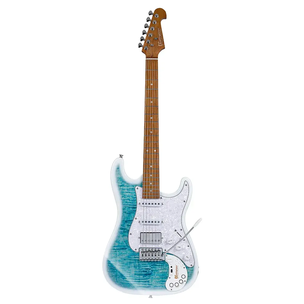 Teal quilted maple HSS electric guitar with white trim, roasted maple neck, and a pearloid pickguard.