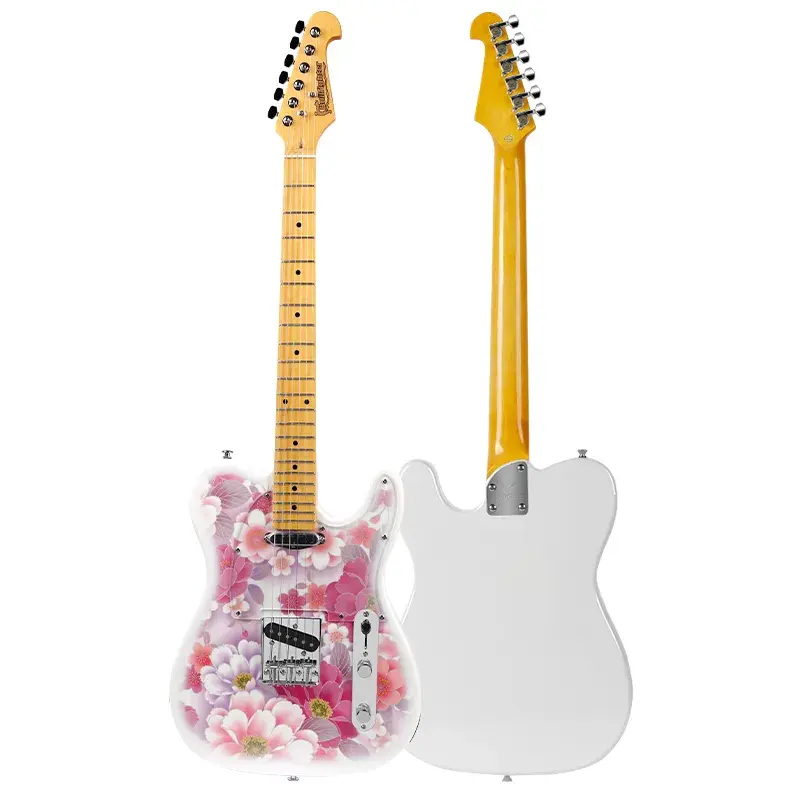 Thumbnail: `Front and back views of the Bullfighter D-133TL Peony guitar, showing the pink floral front and solid white back.`