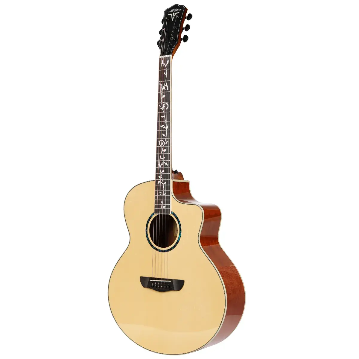 Full view of the Bullfighter D-4013NG acoustic guitar with a natural finish top, cutaway body, and vine fretboard inlay.