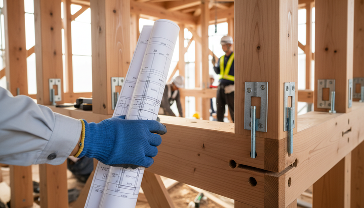 Eye-level view of structural drawings held beside timber framing at a residential construction site