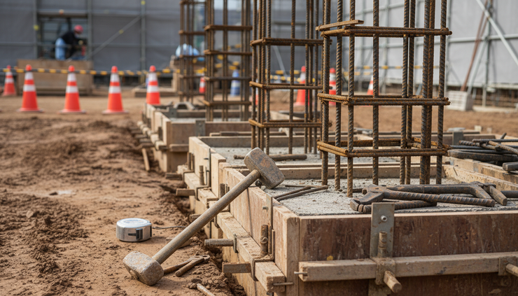 Close-up view of steel rebar and concrete forms at an infrastructure worksite