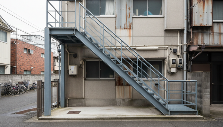 Eye-level view of an exterior evacuation stair attached to a small building