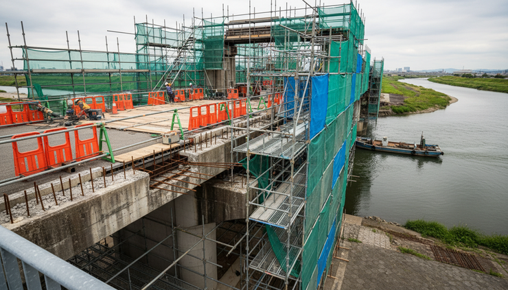 Eye-level view of an aging bridge under repair with scaffolding and safety barriers