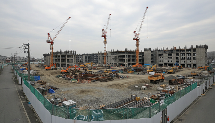 Wide-angle view of a large construction site with cranes and unfinished concrete structures