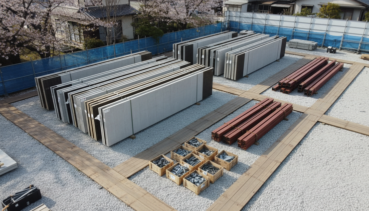 High-angle view of prefabricated building components stored neatly at a construction site