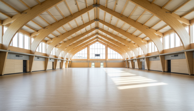 水平に見た木造スポーツ施設の内部に大きな木質屋根が架かっています。
