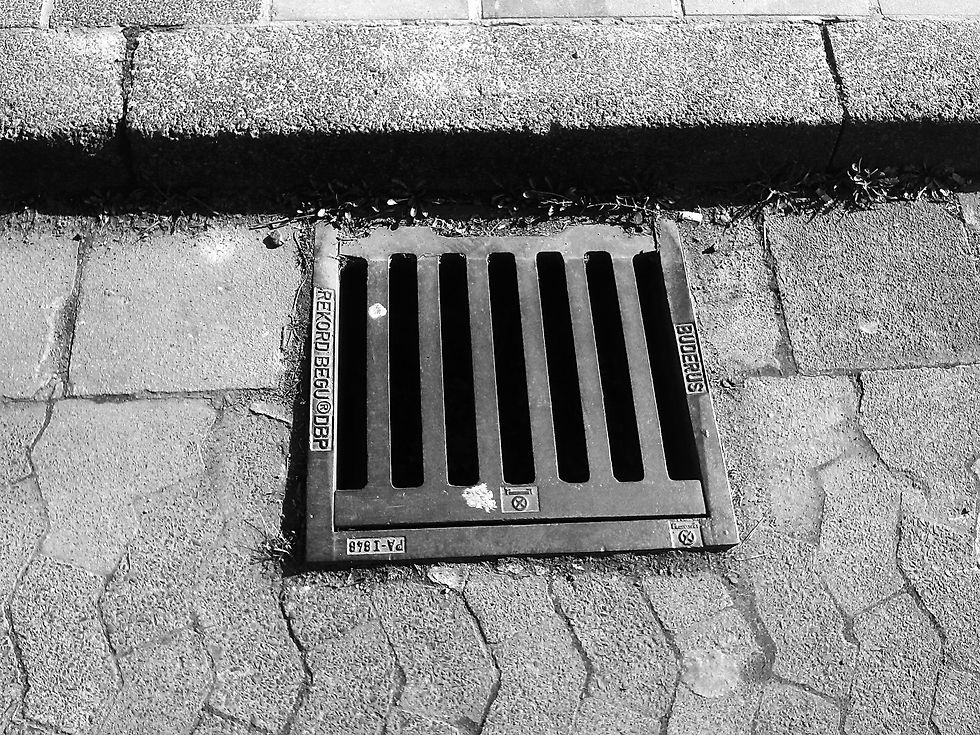 A storm drain in the street.