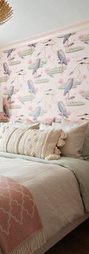 Pastel pink peach pantone bedroom wallpaper cranes birds heron brass chandelier