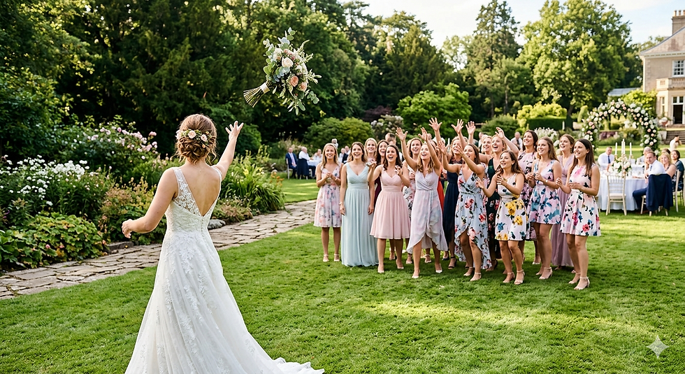 Vue de face d'une mariée lançant son bouquet à un groupe de jeunes femmes à 5 mètres