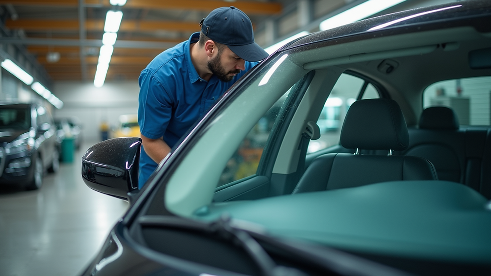 Eye-level view of a mobile auto glass technician repairing a windshield on a parked car