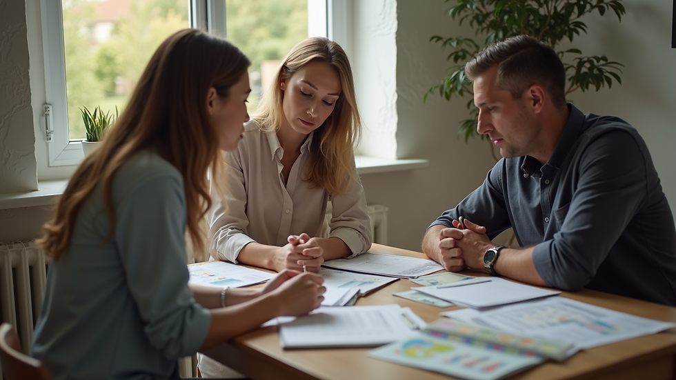 High angle view of a family discussing finances at a table