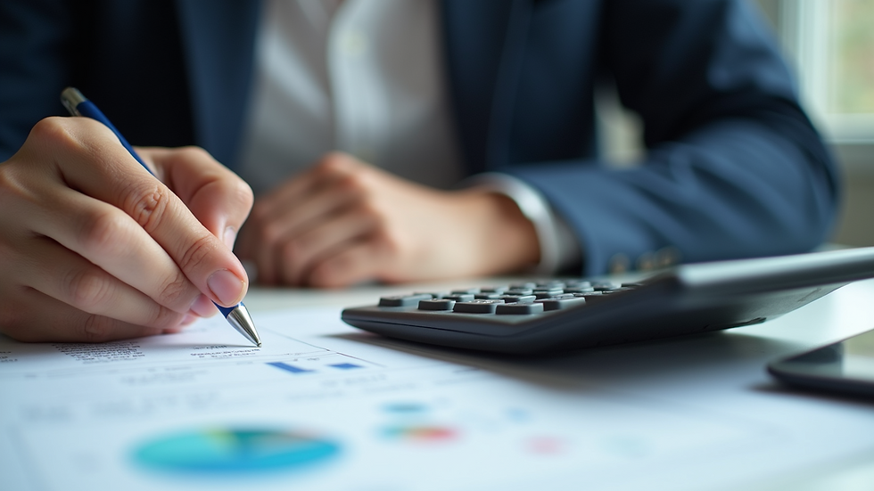 Close-up view of a person calculating finances with a calculator and documents