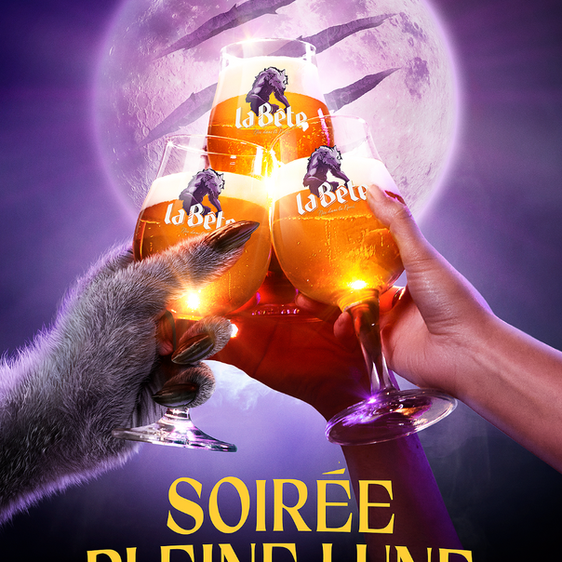 La Bête "Soirée Pleine Lune" campaign poster featuring a wolf’s paw and a human hand clinking glasses of amber ale under a glowing full moon. Experiential event art direction and brand storytelling for a French alcohol campaign.