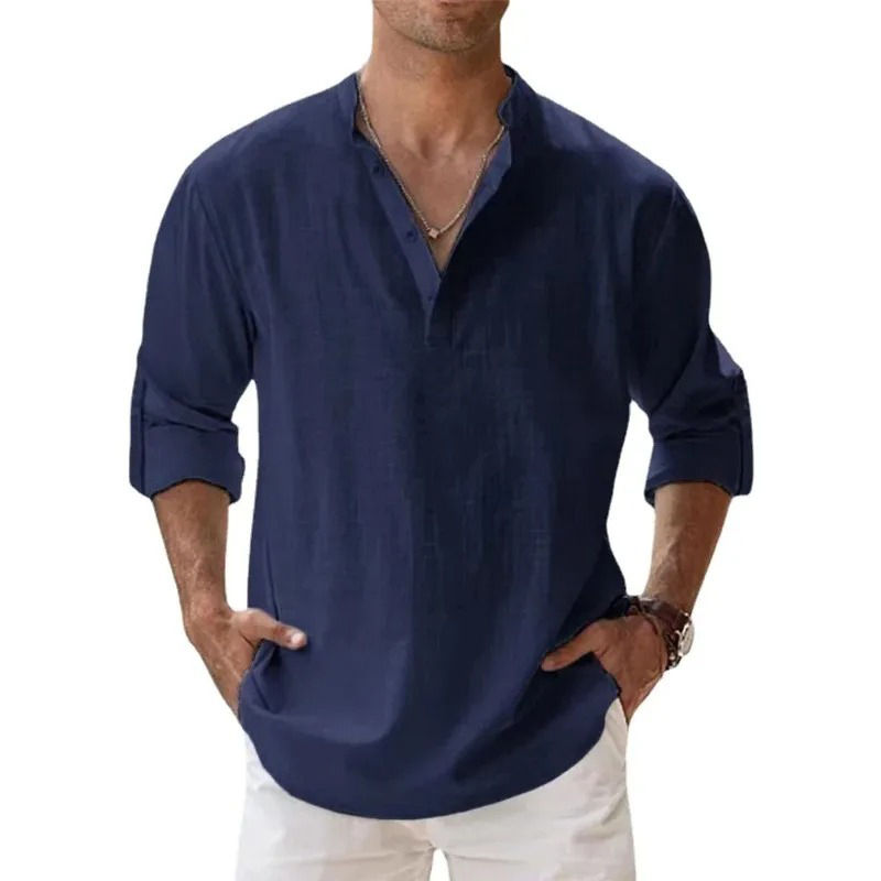 Miniatura: Camisas masculinas leves de linho e gola henley