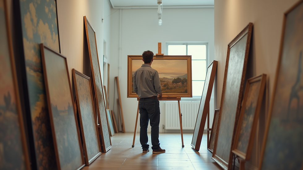 Eye-level view of a curator arranging paintings in a gallery