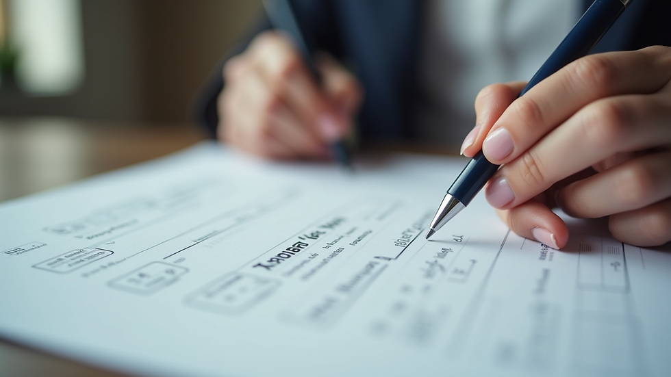 Close-up view of a person filling out a trademark application form